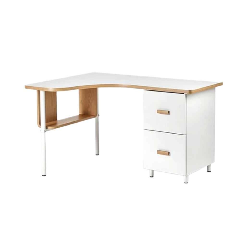 Titre technique en français : **Bureau d'angle moderne avec tiroirs, finitions blanches et bois clair**