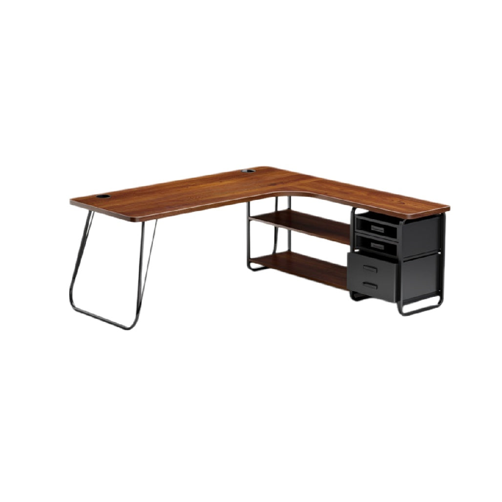 **Bureau d'Angle en Bois avec Rangement Étagères et Tiroirs**