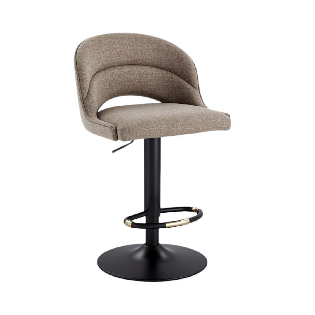 "Tabouret de Bar Réglable en Hauteur en Tissu Beige avec Base Ronde Noire"