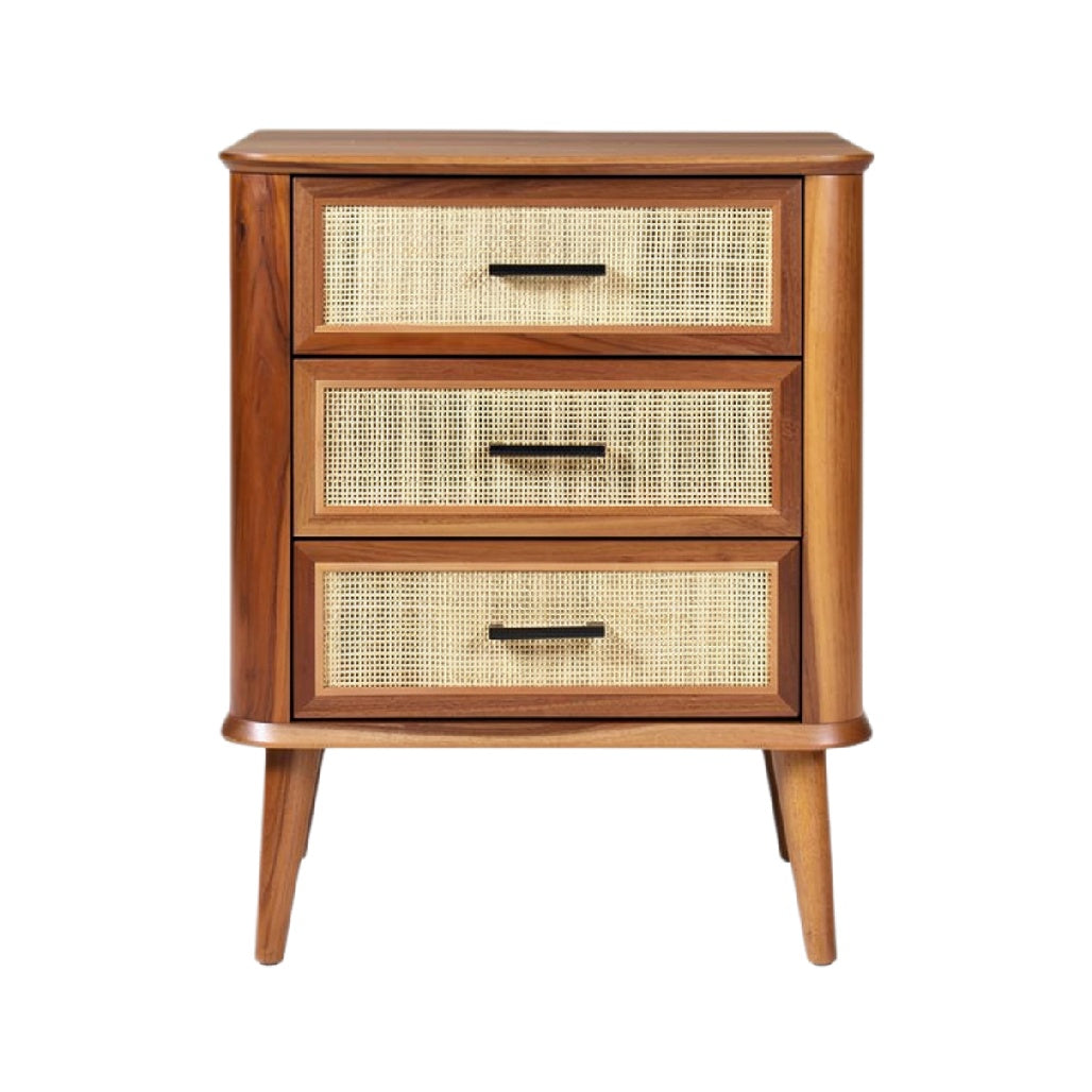 Titre technique en français : "Table de chevet en bois avec tiroirs en rotin – Design moderne et épuré"