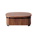 Titre technique en français : **Table basse en bois rond à design épuré avec panneau de texture**