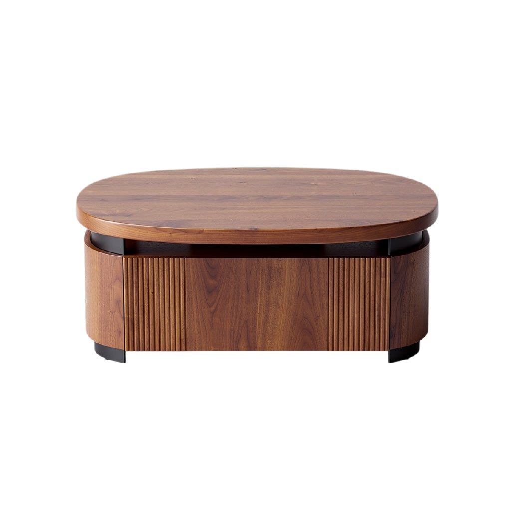 Titre technique en français : **Table basse en bois rond à design épuré avec panneau de texture**