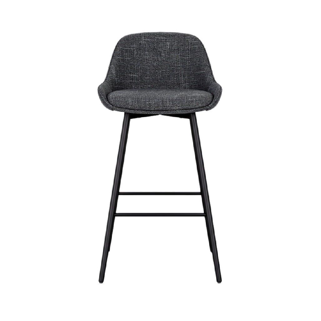 Tabouret de bar moderne en tissu gris avec pieds en métal noir.